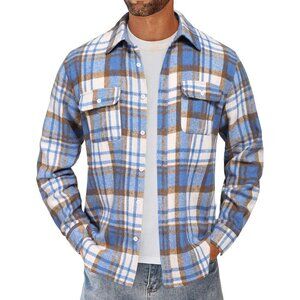 Men Blue Flannel Shirts Long Sleeve Cotton Plaid Shirt Casual Button Down Shirt